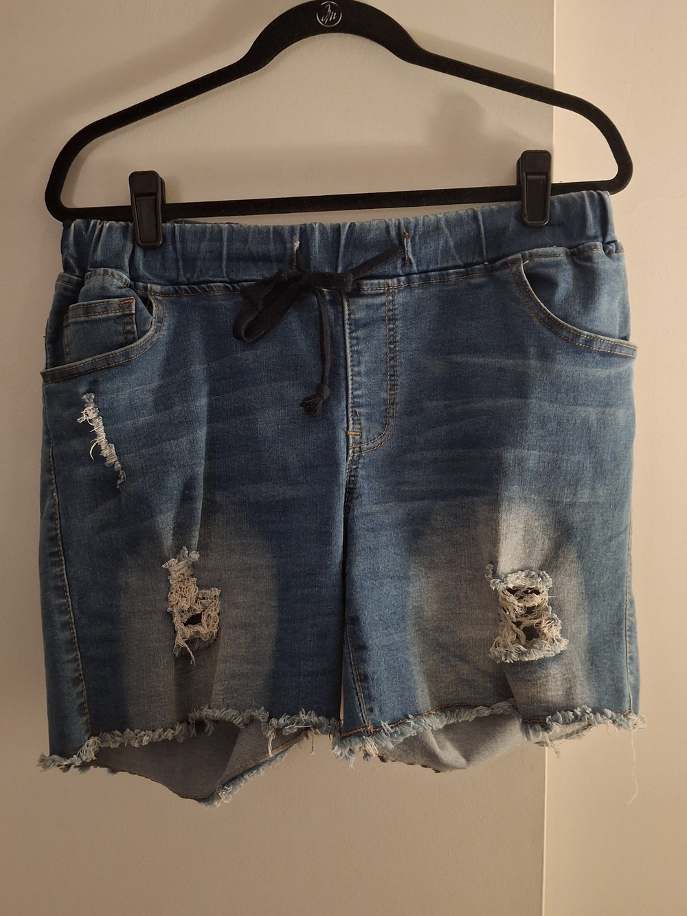 SHEIN Womwn's Blue Distressed Drawstring Denim Shorts